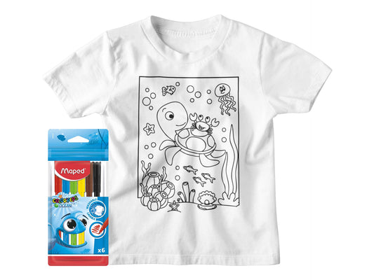 Детска тениска за оцветяване Морско дъно с комплект текстилни маркери и морски мотиви – Petriya’s Wonders