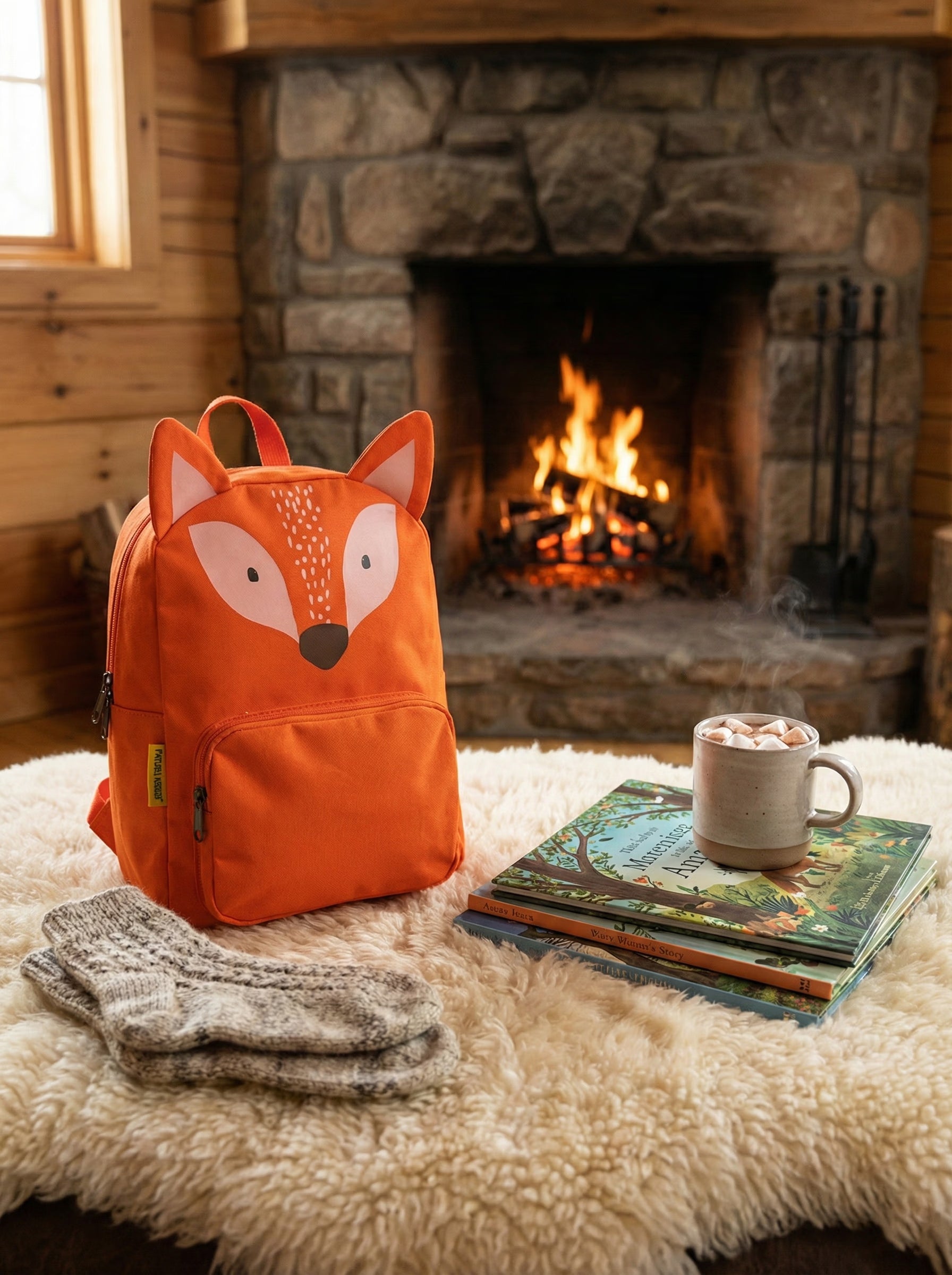 Детска раница Лисица Wonder Fox оранжева пред камина