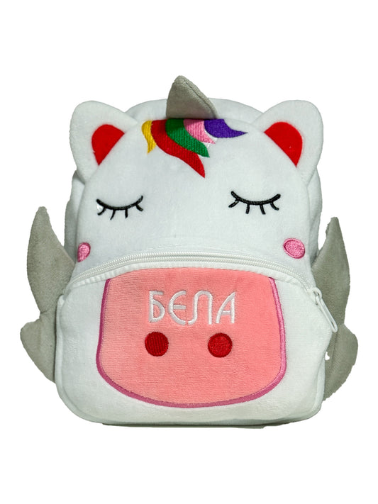Персонализирана детска раница Еднорог Снежинка с 3D дизайн, рогче и бродирано име – Petriya’s Wonders